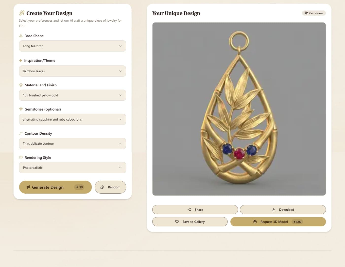 Generatore di design di Auria Jewels con un orecchino generato dall'AI
