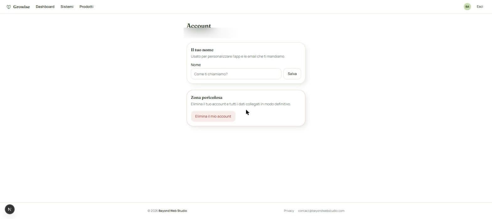 Pagina account di Growise con gestione del profilo ed eliminazione account